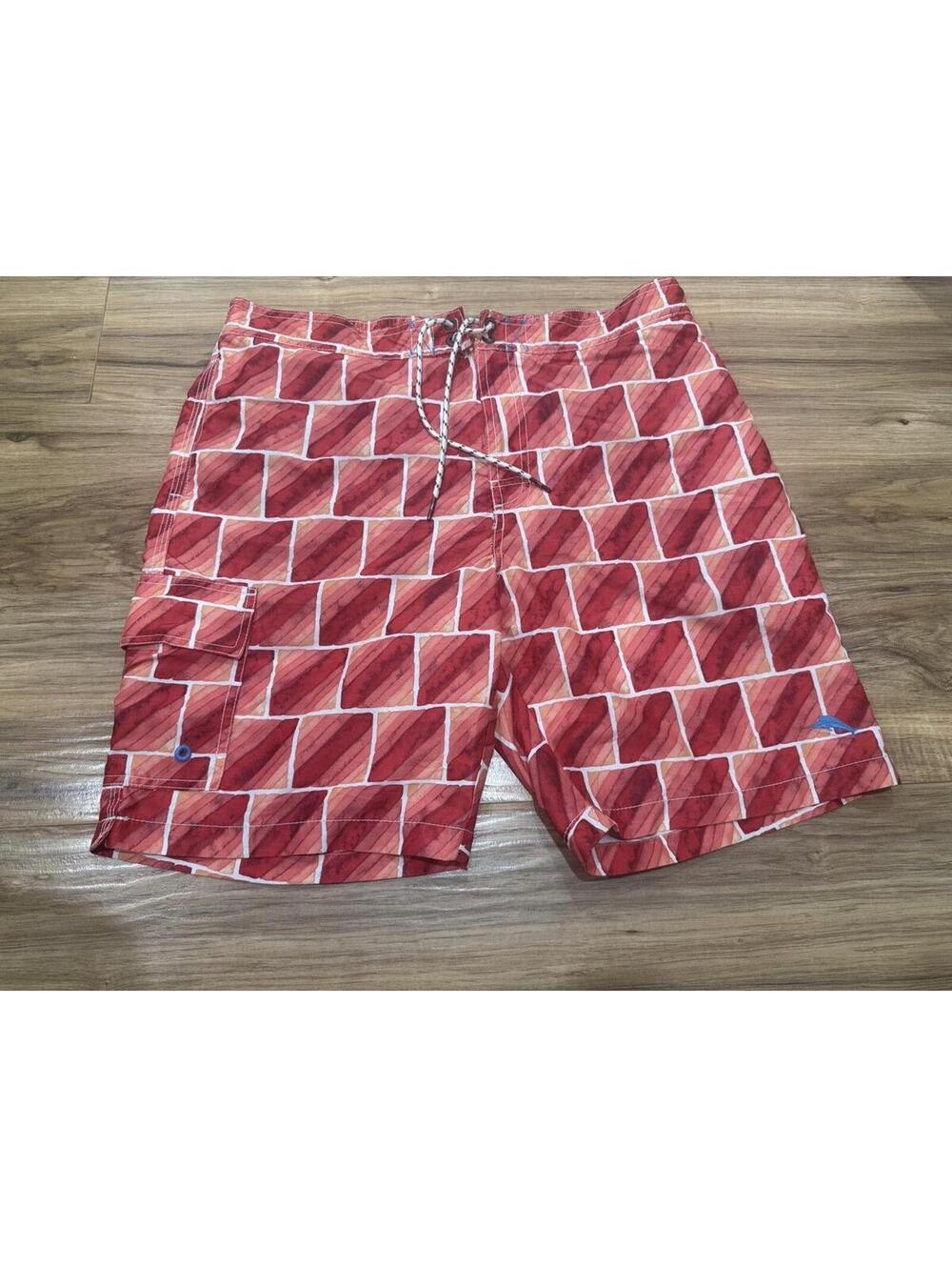 Tommy Bahama Relax Swim Trunks Mens Large Red Geometric Mesh Lined Board Shorts